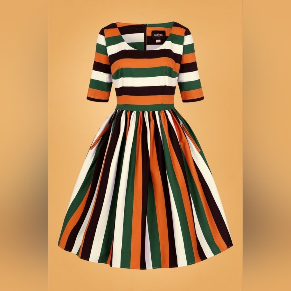 Unique Vintage/Collectif Amber Lea Pumpkin Stripe Dress Size M - Picture 8 of 16